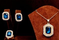 3 pieces Emerald Blue 18k Gold Plated Austrian Crystal Necklace, Earrings, Ring